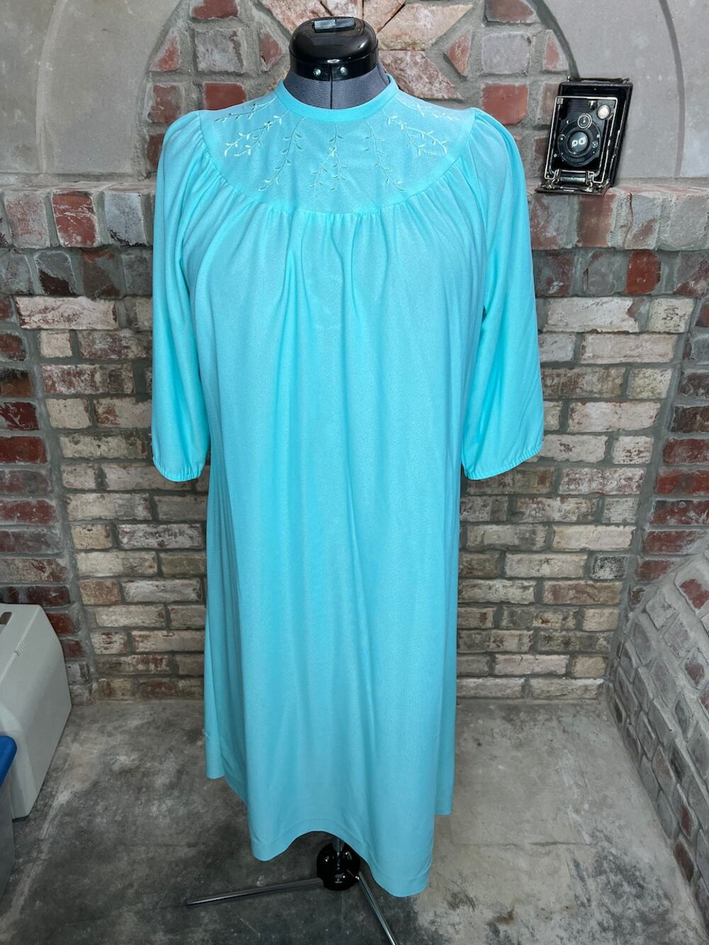 shift dress embroidered collar aqua 1980s